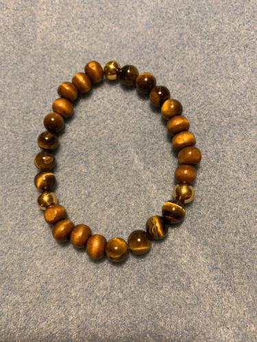 8mm træperler og Tigerøje og 6mm forgyldt stål perler 18krt. 